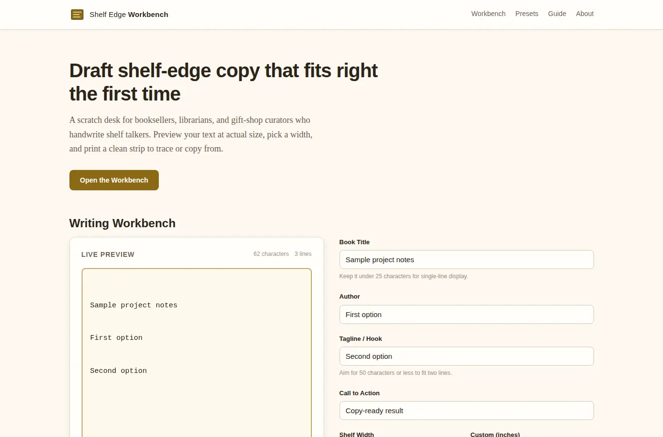 Screenshot of Shelf Edge Writing Workbench interface showing the project page in use